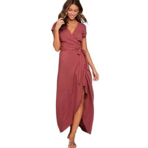 L*Space Wrap Dress Medium Goa Short Sleeve V-Neck Maxi Cover Up Red Pink Beach